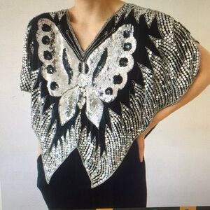 JUNI/VERY VINTAGE 60’s -70’s”BUTTERFLY”SILVER & BLACK TOP